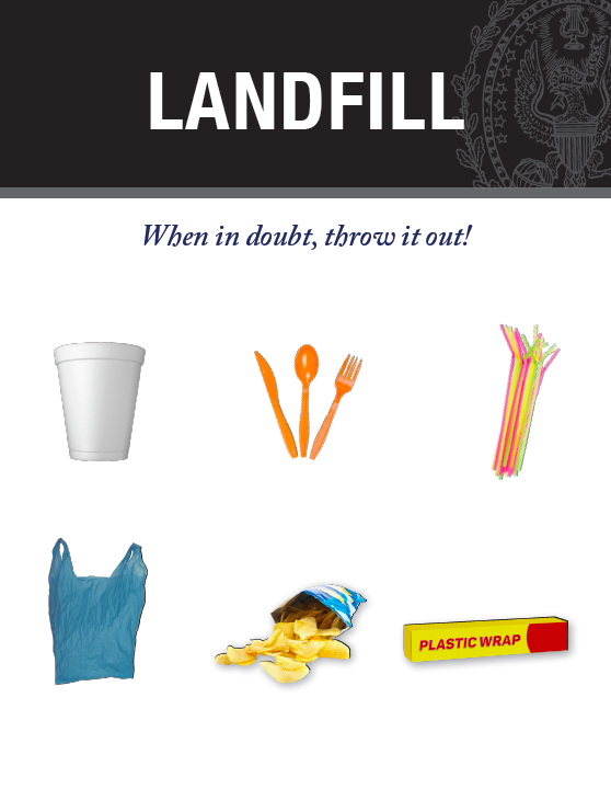 Examples of non-recyclables like styrofoam cups, plastic grocery bags, plastic wrap, plastic straws, chip bags, and plastic utensils.